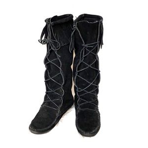 Minnetonka lace up boots tall black fringe classic